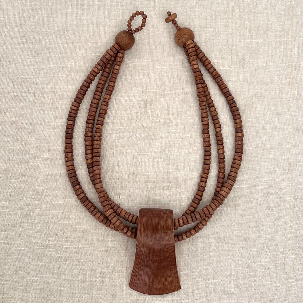 Vintage Philippine Folk Art Wooden Statement Necklace Torsade Bead Large Pendant